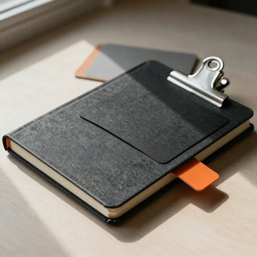 Taccuino chiuso, cartone nero e clip metallica su legno chiaro, con tab arancio discreto.