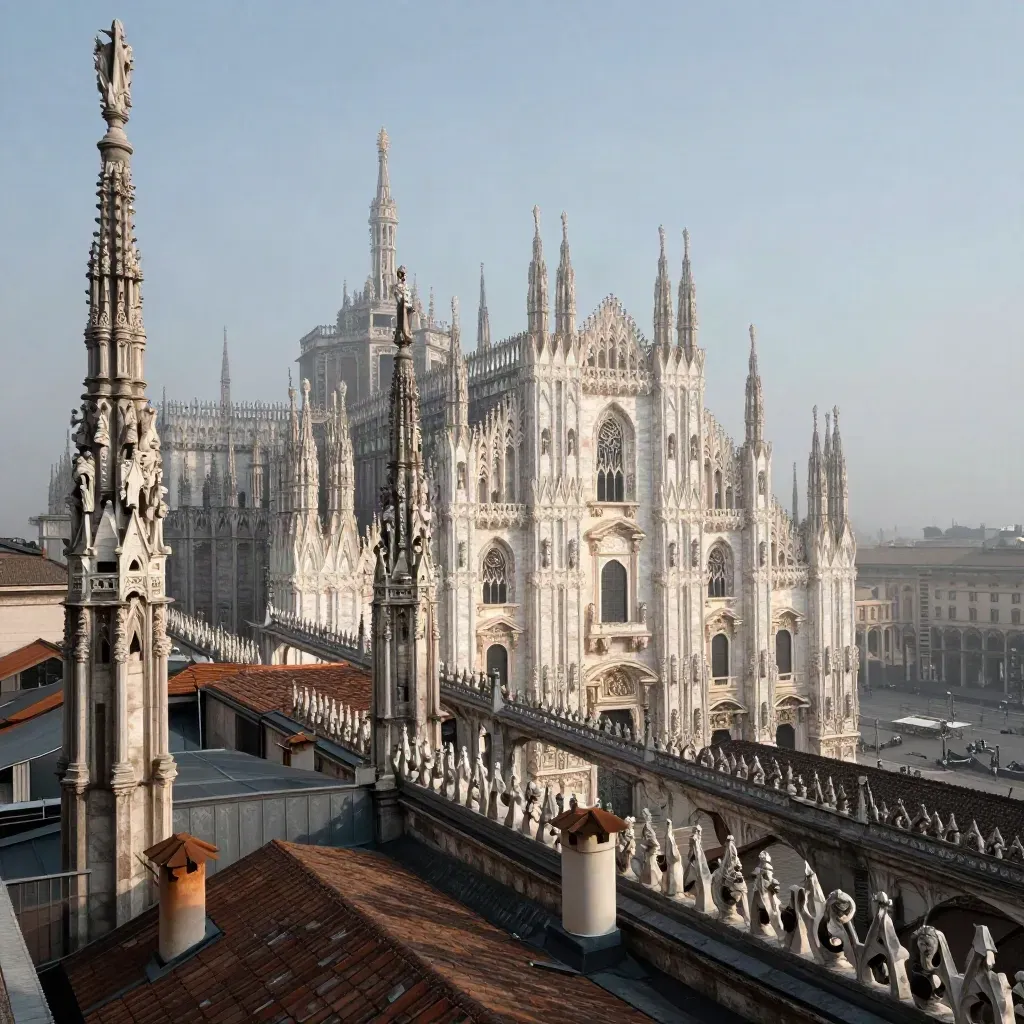Duomo di Milano e tetti lombardi avvolti nella nebbia mattutina, vista ampia dall’alto